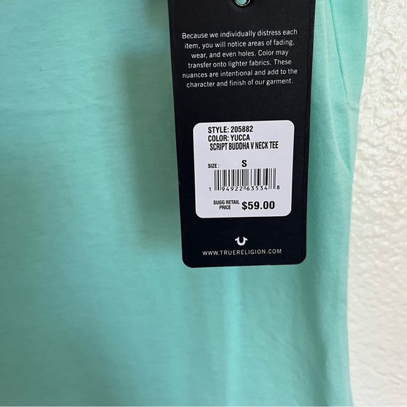 True Religion Women’s Mint Yucca V Neck Buddha Script T-Shirt NWT Small - Picture 6 of 10